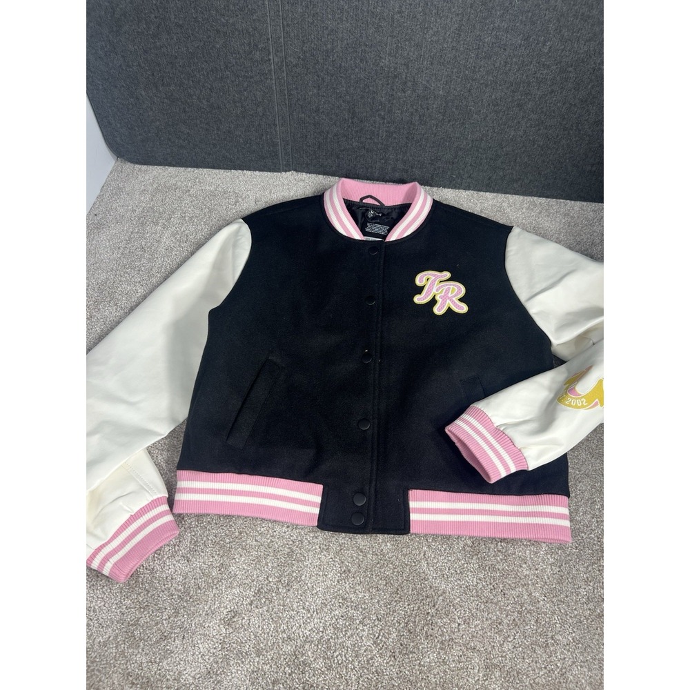 True Religion Varsity Jacket Womens XL Faux Leather Pink Logo Snap Jacket Patch